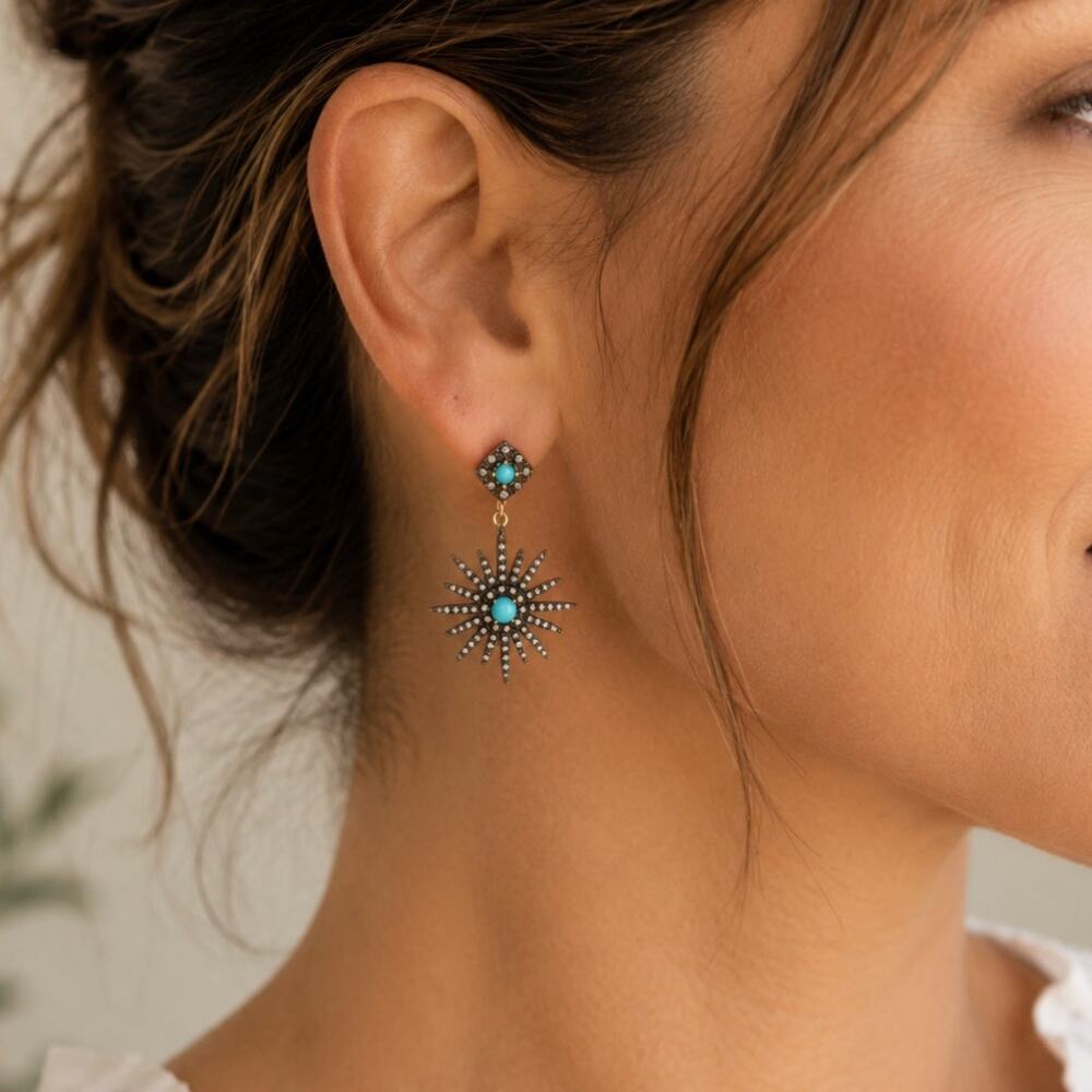 Adornia Turquoise Swarovski Crystal Starburst Earrings 14K Gold Plated NIB